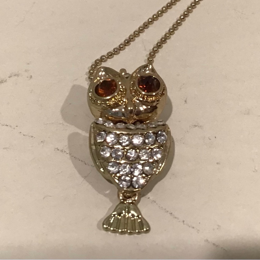 Owl necklace. Gold with Faux amethyst, eyes 29 rhinestones. Movable head…